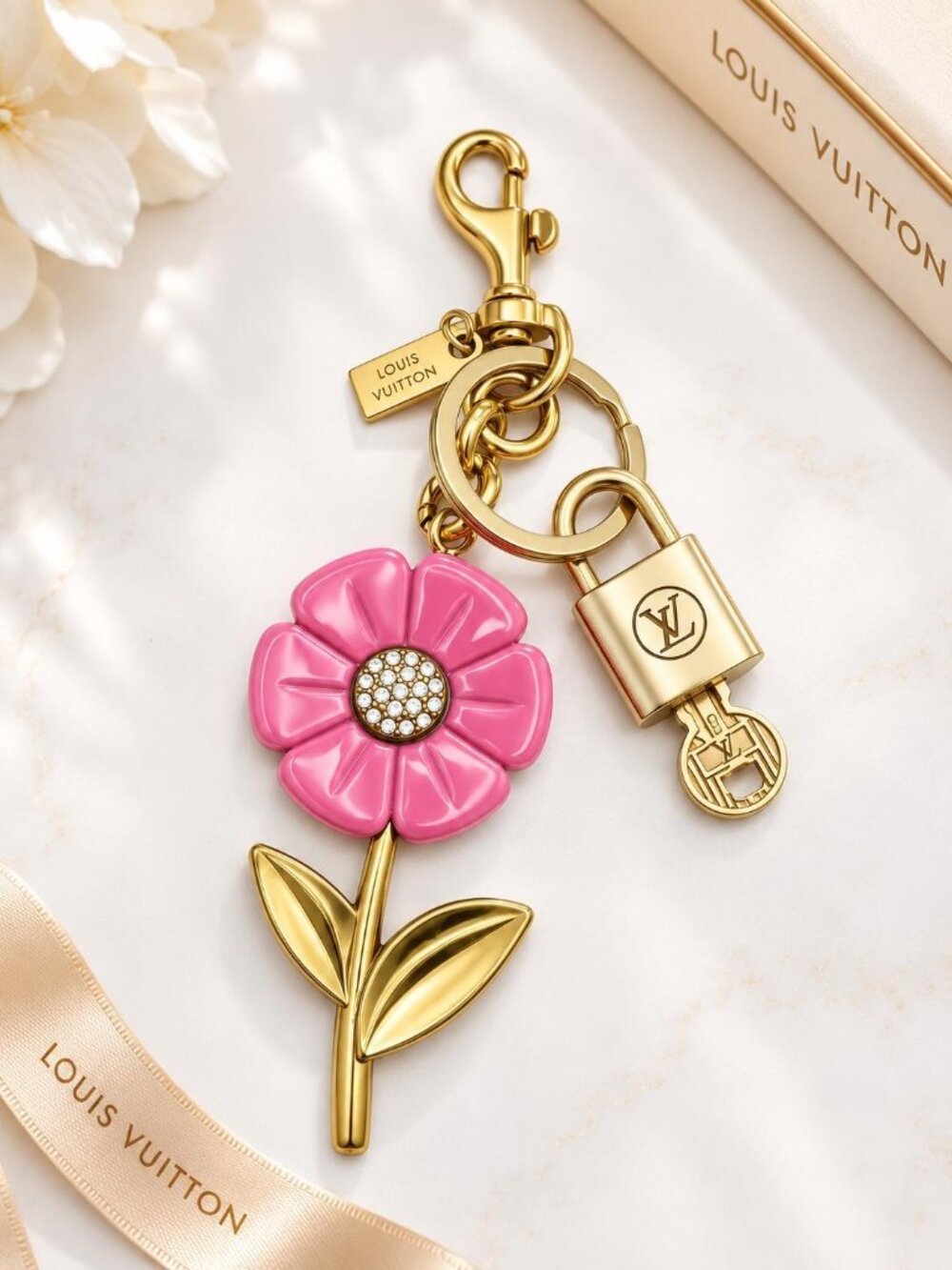 Authentic LV Louis Vuitton Gold Lock & Key 🔑 Unbranded Flower Keychain Charm